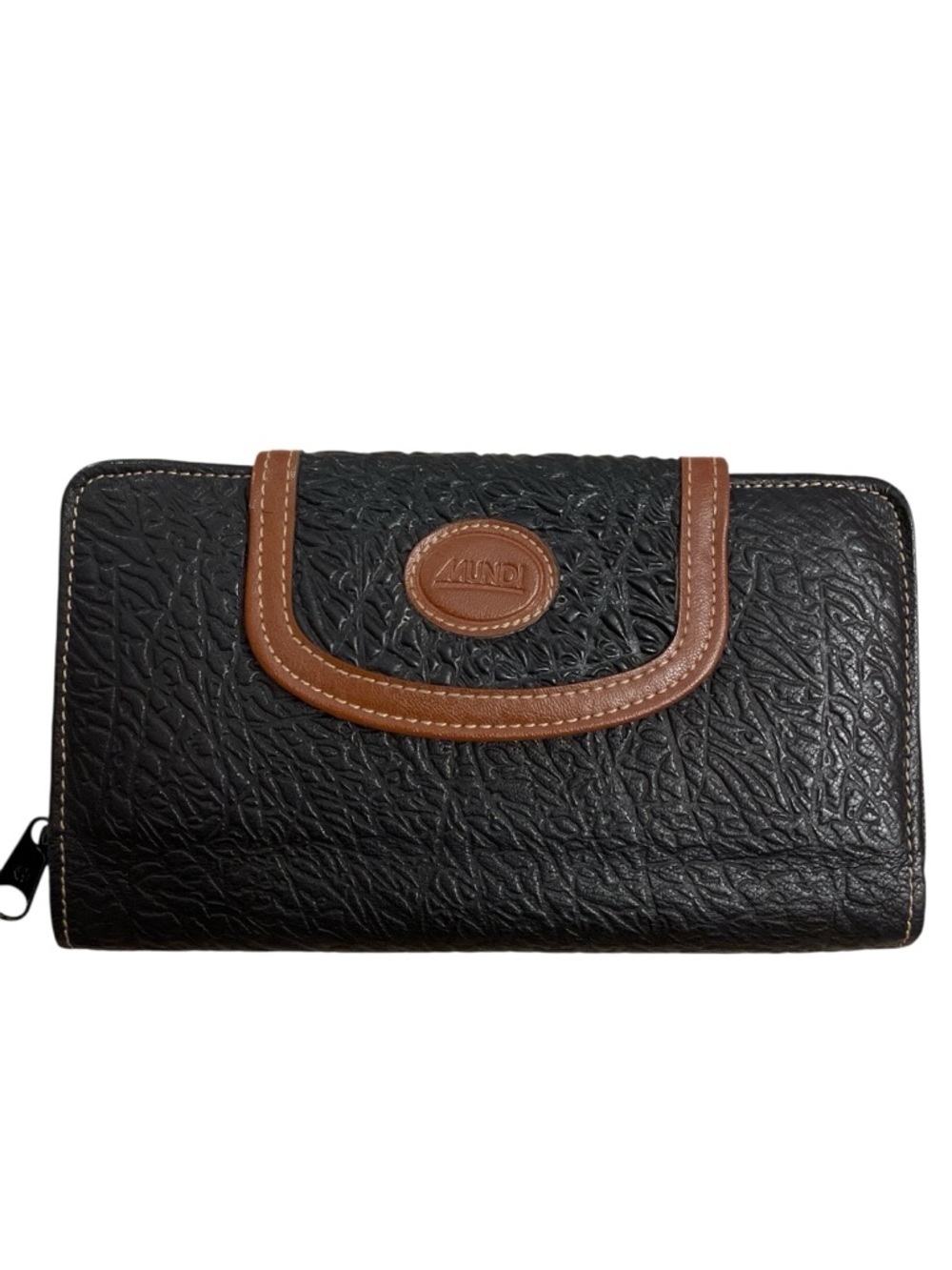 Mundi Vintage Black Elephant Grain Leather Checkbook Wallet Zip Around Clutch